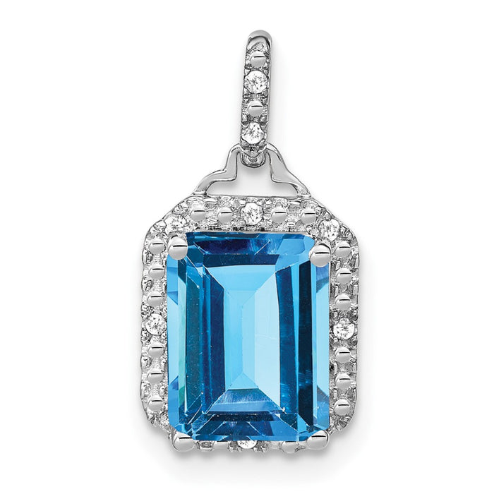 14k White Gold Emerald-cut Blue Topaz and Diamond Halo Pendant-PM7051-BT-005-WA
