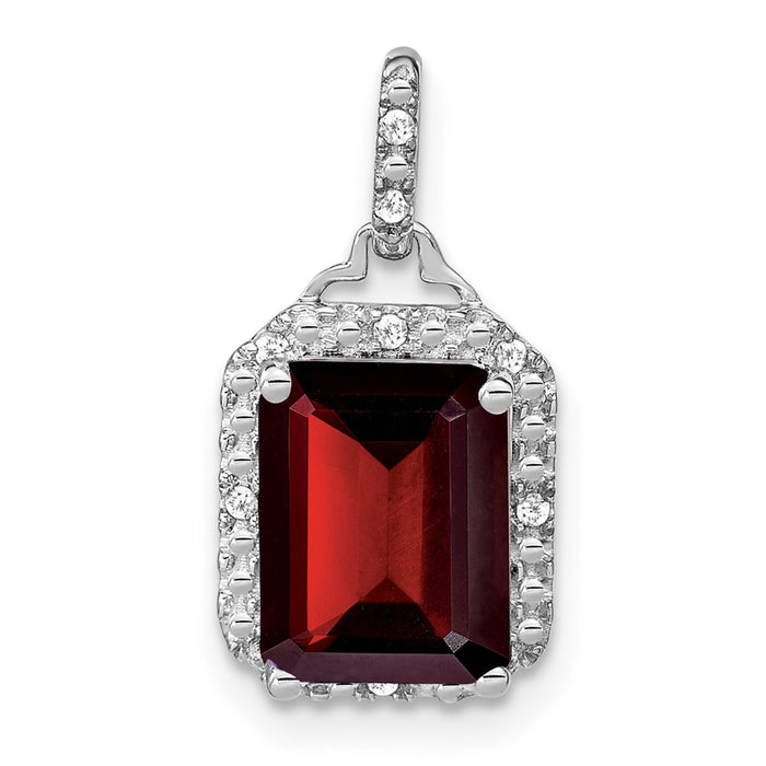 14k White Gold Emerald-cut Garnet and Diamond Halo Pendant-PM7051-GA-005-WA