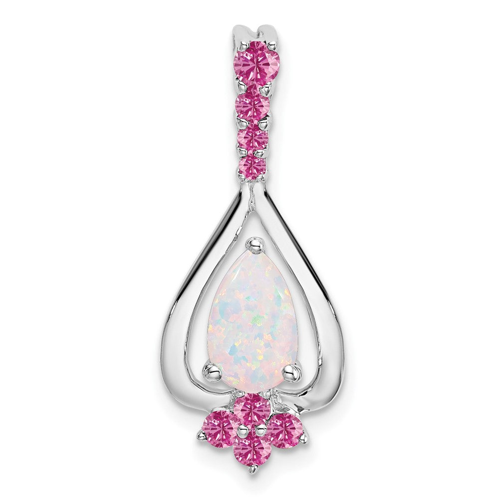 14k White Gold Pear Created Opal/Created Pink Sapphire Pendant-PM7071-OP/CPS-W