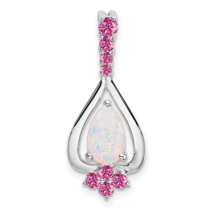14k White Gold Pear Created Opal/Created Pink Sapphire Pendant-PM7071-OP/CPS-W