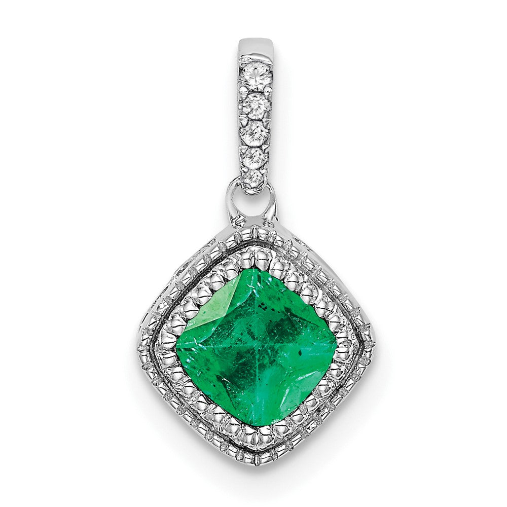 14k White Gold Cushion Emerald and Diamond Pendant-PM7092-EM-013-WA