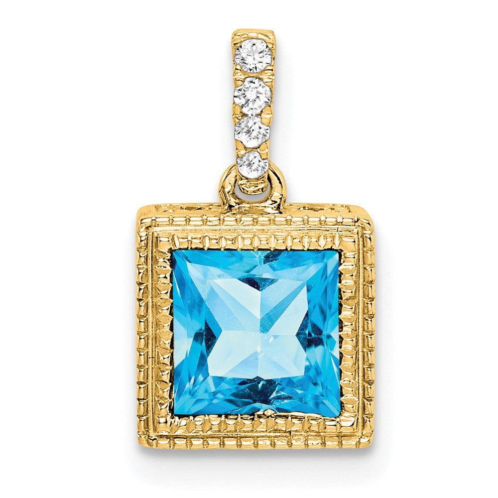 14k Square Blue Topaz and Diamond Pendant-PM7096-BT-013-YA
