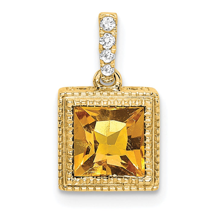 14k Square Citrine and Diamond Pendant-PM7096-CI-013-YA