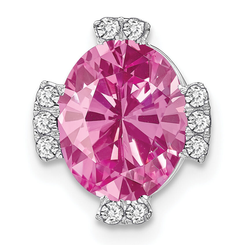 14k White Gold Oval Created Pink Sapphire and Diamond Chain Slide-PM7105-CPS-012-WA