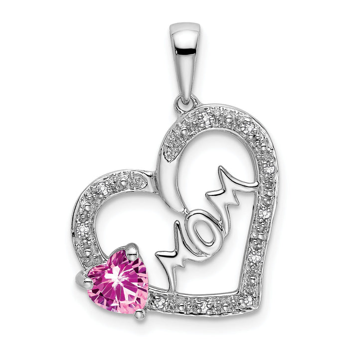 14k White Gold Pink Sapphire and Diamond MOM Heart Pendant-PM7172-PS-005-WA