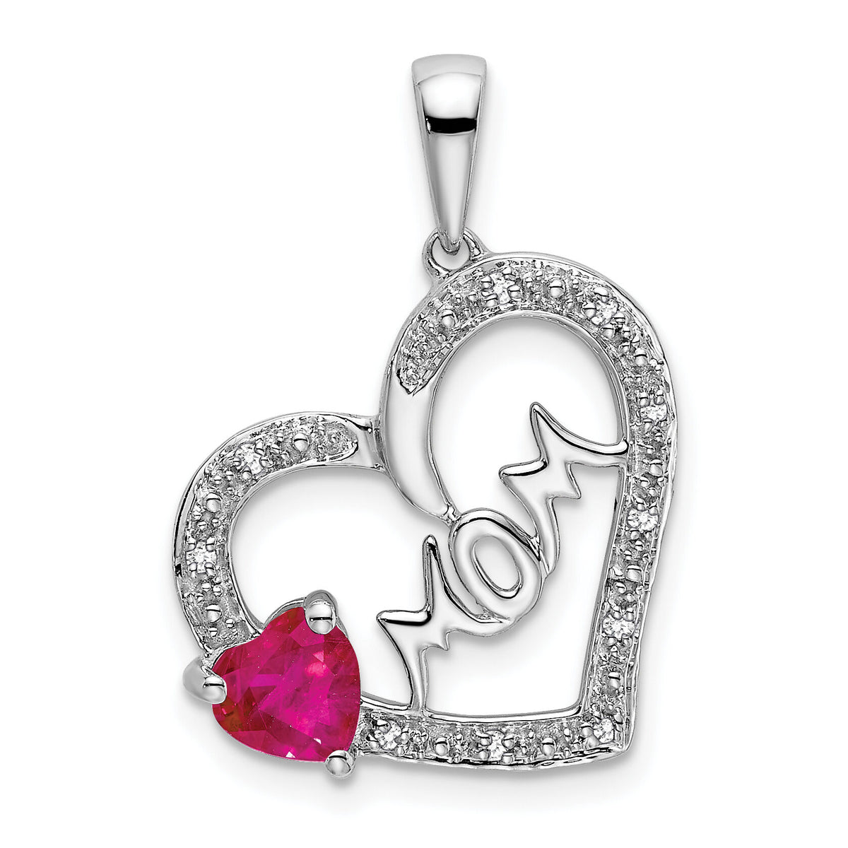 14k White Gold Ruby and Diamond MOM Heart Pendant-PM7172-RU-005-WA