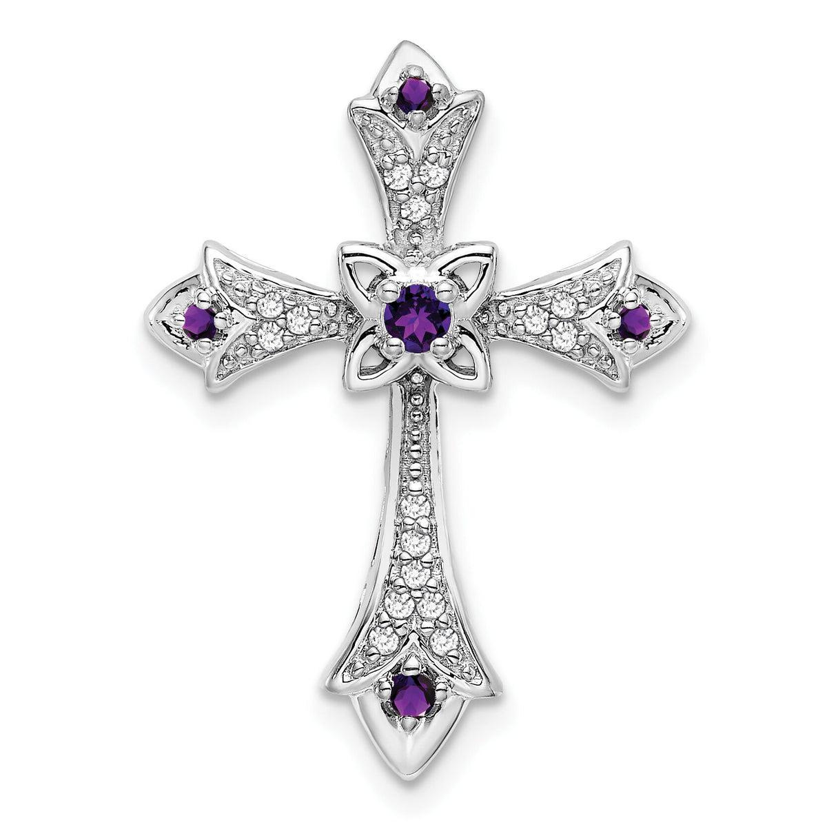 14k White Gold Amethyst and Diamond Fleur de Lis Cross Chain Slide-PM7175-AM-008-WA