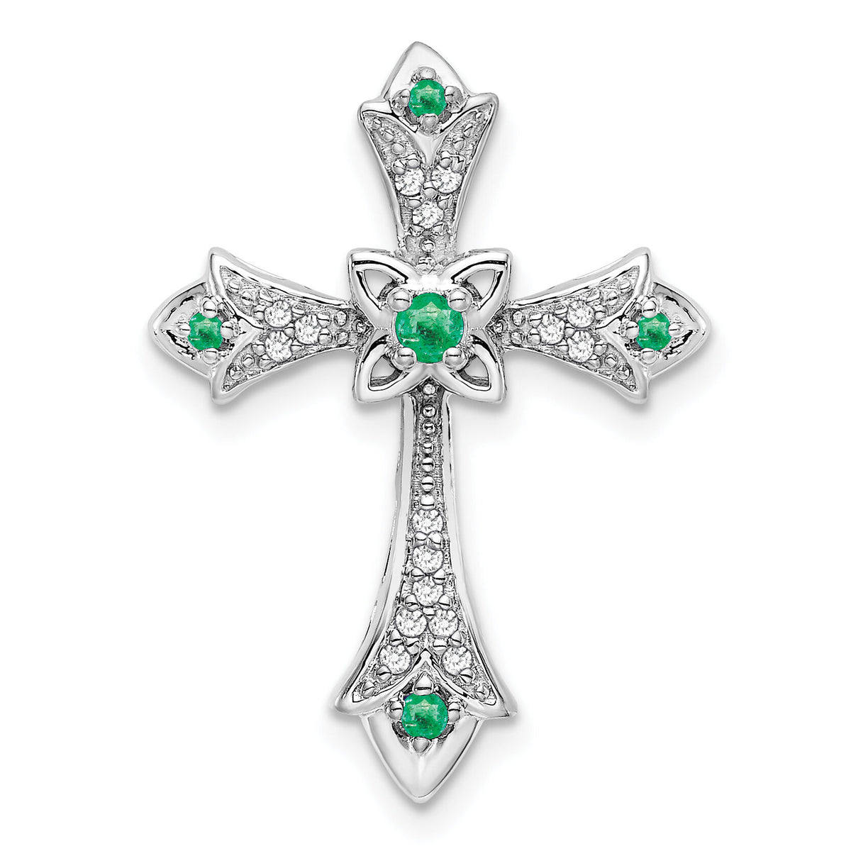 14k White Gold Emerald and Diamond Fleur de Lis Cross Chain Slide-PM7175-EM-008-WA