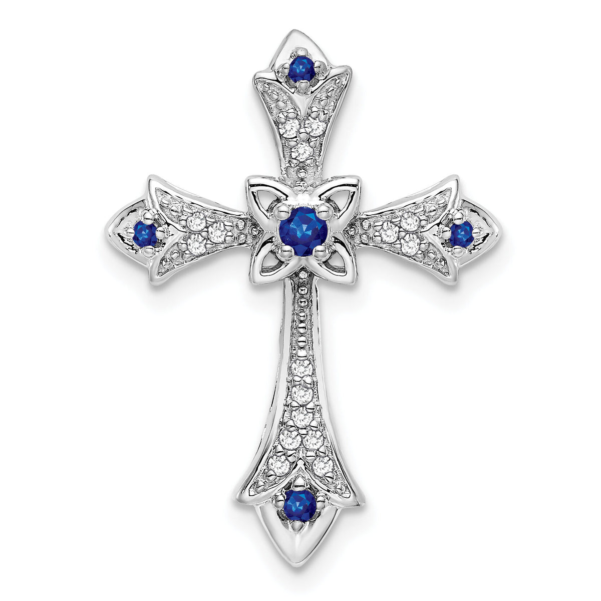 14k White Gold Sapphire and Diamond Fleur de Lis Cross Chain Slide-PM7175-SA-008-WA