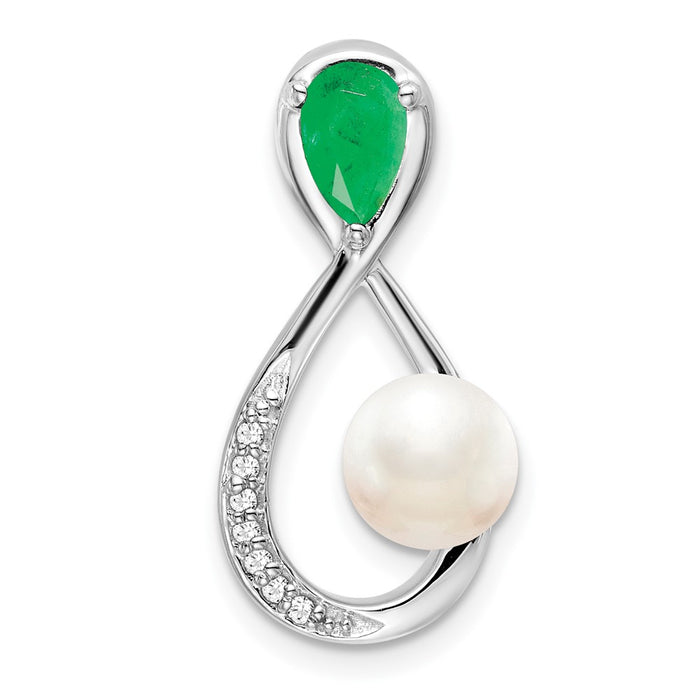 14k White Gold Emerald/FWC Pearl/Diamond Infinity Chain Slide-PM7182-EM-004-WA