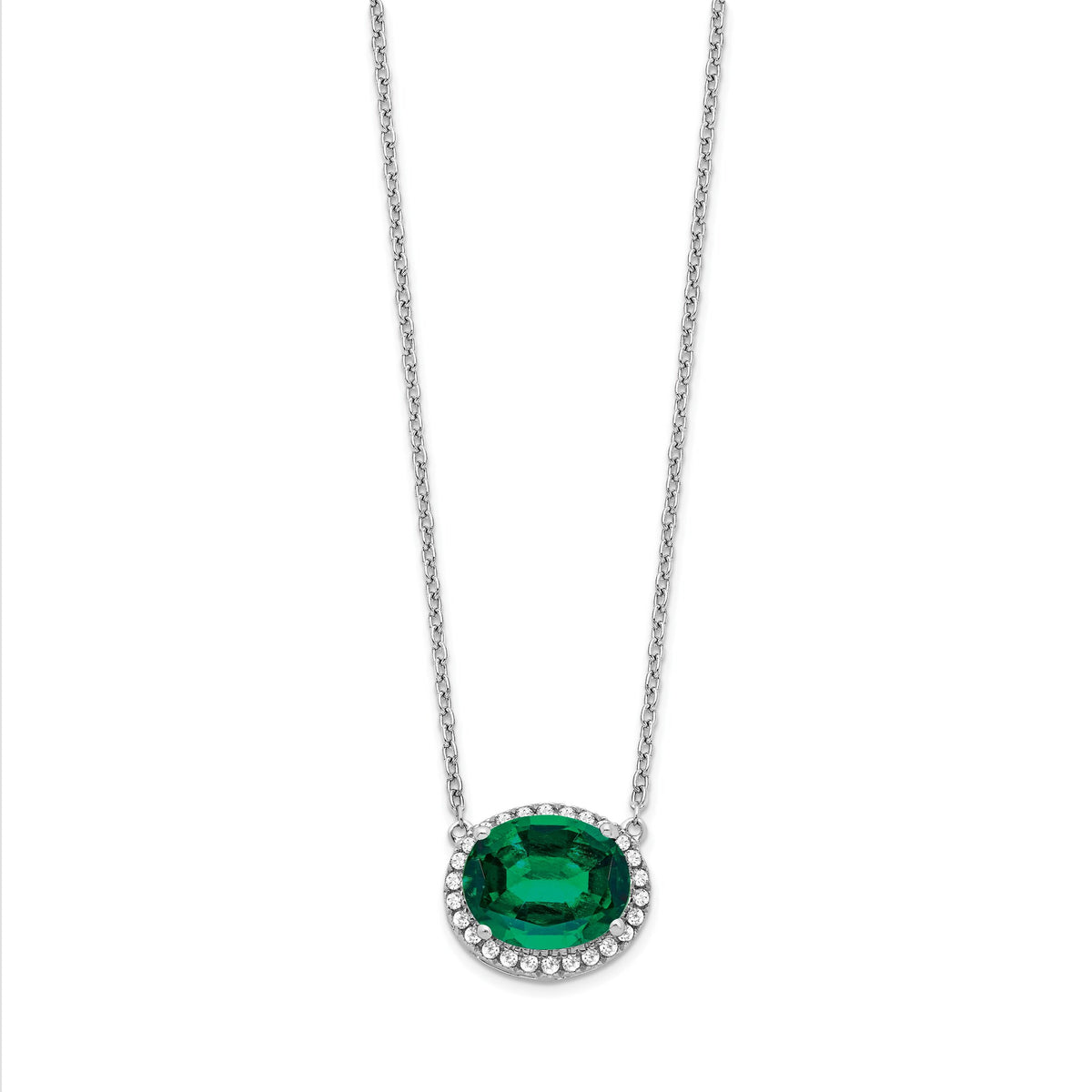 14k White Gold Oval Created Emerald/Diamond 18in. Halo Necklace-PM7228-EM-016-WA