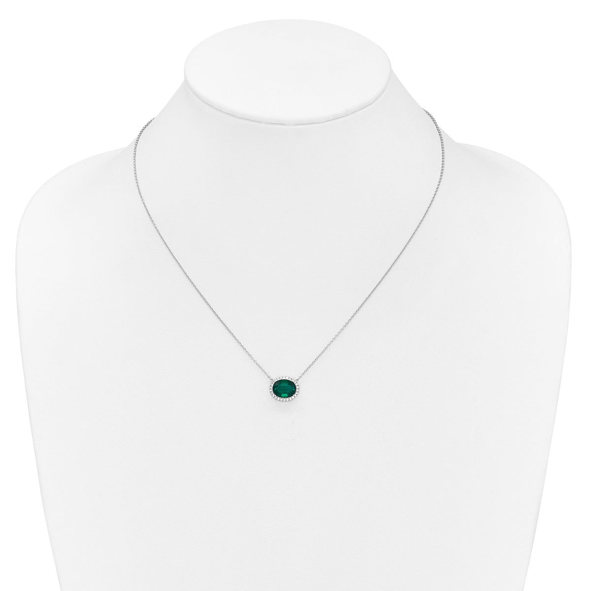 14k White Gold Oval Created Emerald/Diamond 18in. Halo Necklace-PM7228-EM-016-WA