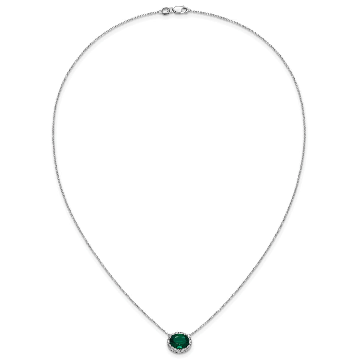 14k White Gold Oval Created Emerald/Diamond 18in. Halo Necklace-PM7228-EM-016-WA