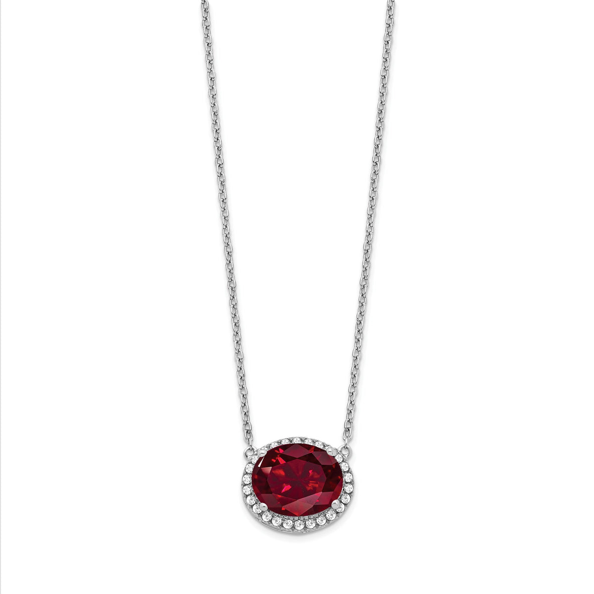14k White Gold Oval Created Ruby/Diamond 18in. Halo Necklace-PM7228-RU-016-WA