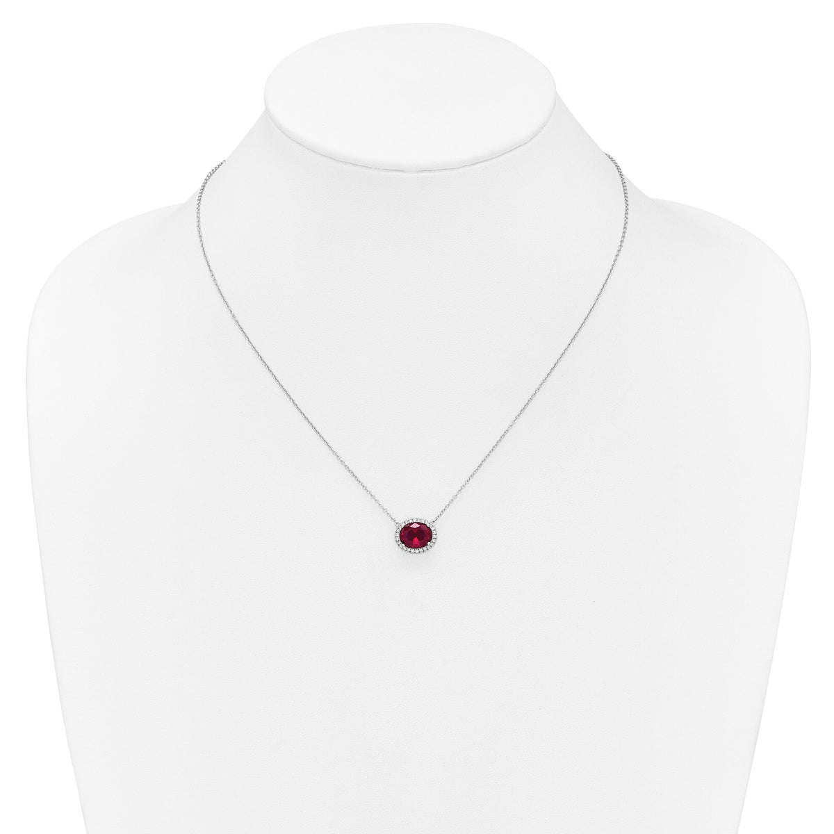 14k White Gold Oval Created Ruby/Diamond 18in. Halo Necklace-PM7228-RU-016-WA
