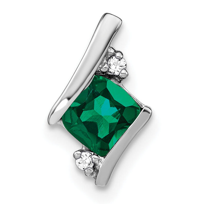 14K White Gold  Cushion Cr. Emerald and Diamond Chain Slide-PM7398-CEM-002-WA