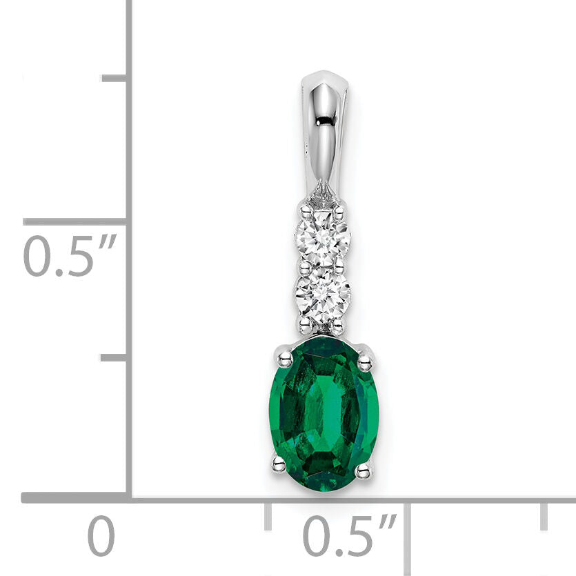 14k White Gold Oval Created Emerald and Diamond Pendant-PM7406-CEM-013-WA