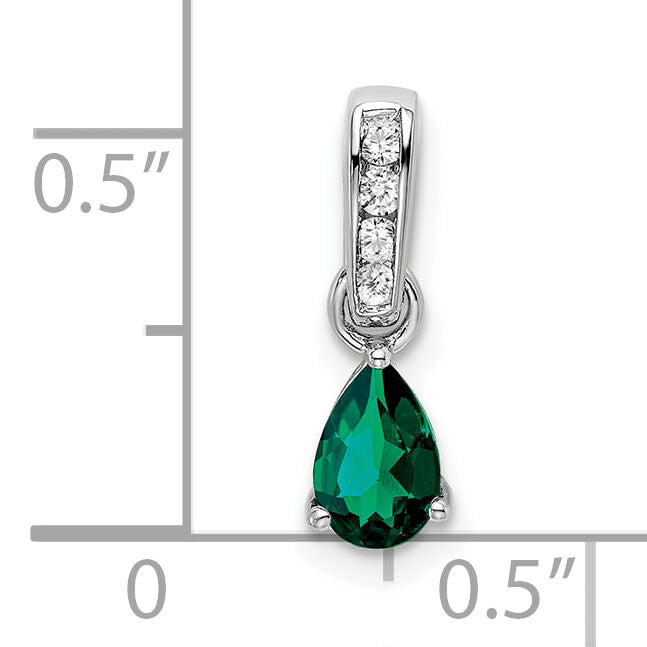 14K White Gold Pear Created Emerald and Diamond Pendant-PM7409-CEM-005-WA