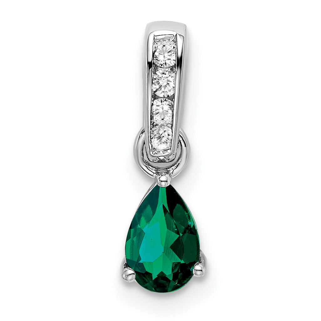 14K White Gold Pear Created Emerald and Diamond Pendant-PM7409-CEM-005-WA