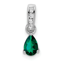 14K White Gold Pear Created Emerald and Diamond Pendant-PM7409-CEM-005-WA
