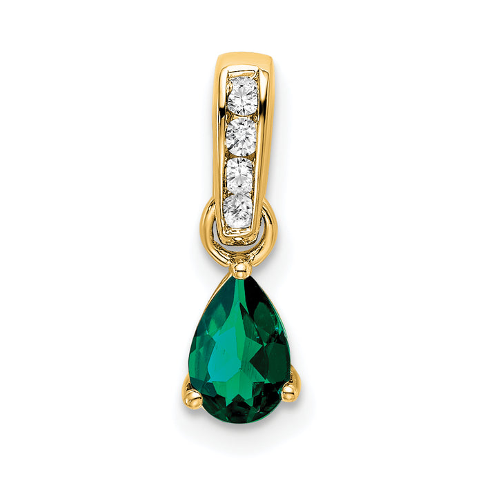 14K Pear Created Emerald and Diamond Pendant-PM7409-CEM-005-YA