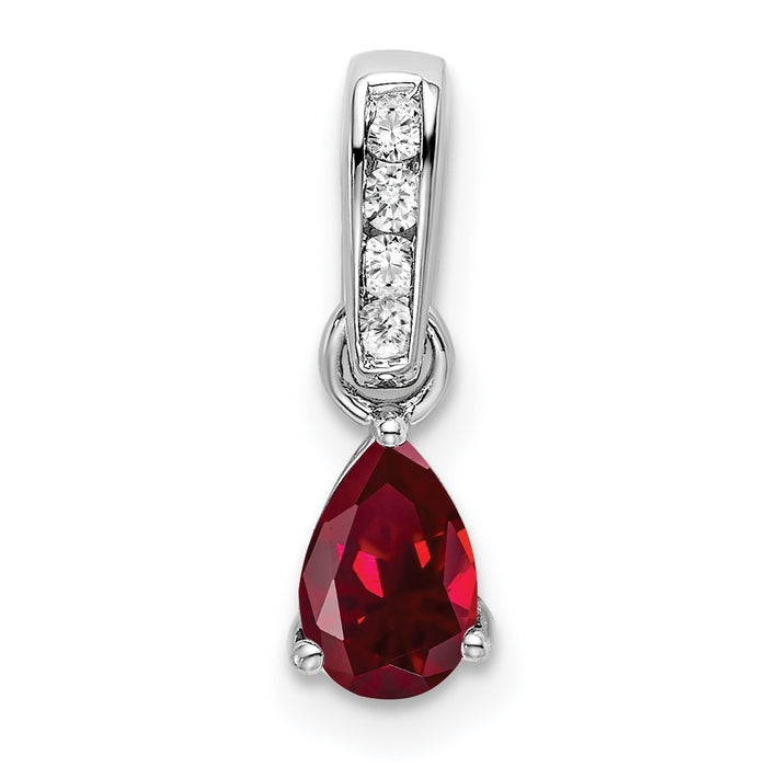 14K White Gold Pear Created Ruby and Diamond Pendant-PM7409-CRU-005-WA