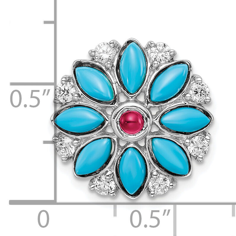 14k White Gold Turquoise/Creat. Ruby/White Topaz Floral Chain Slide-PM7423-BTQ/CRU-W