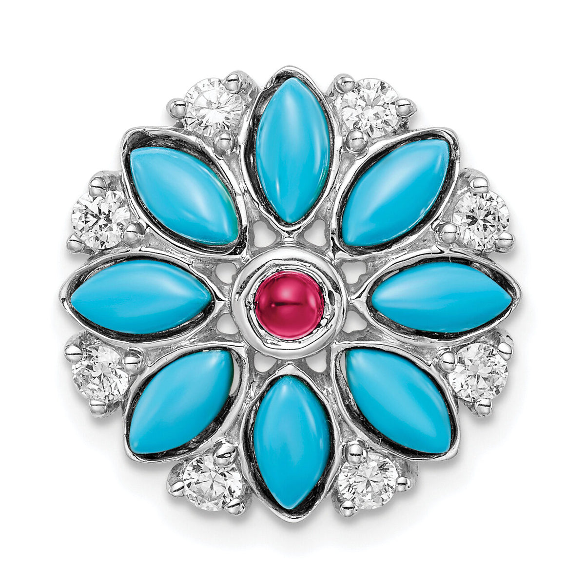 14k White Gold Turquoise/Creat. Ruby/White Topaz Floral Chain Slide-PM7423-BTQ/CRU-W