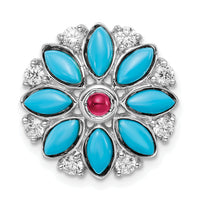 14k White Gold Turquoise/Creat. Ruby/White Topaz Floral Chain Slide-PM7423-BTQ/CRU-W
