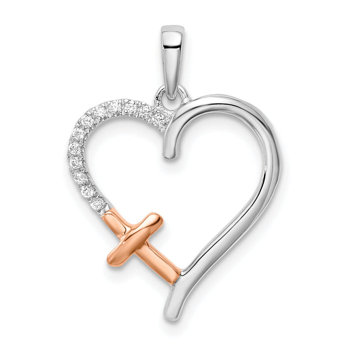 14k Two-tone White and Rose Heart w/Cross Diamond Pendant-PM8476-006-WRA