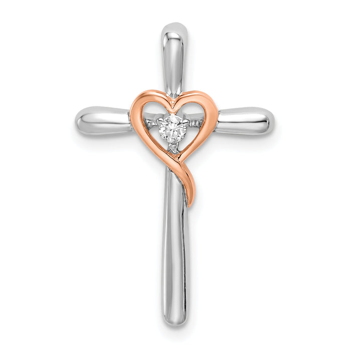 14k Two-tone White & Rose Cross w/Heart Diamond Chain Slide-PM8481-004-WRA