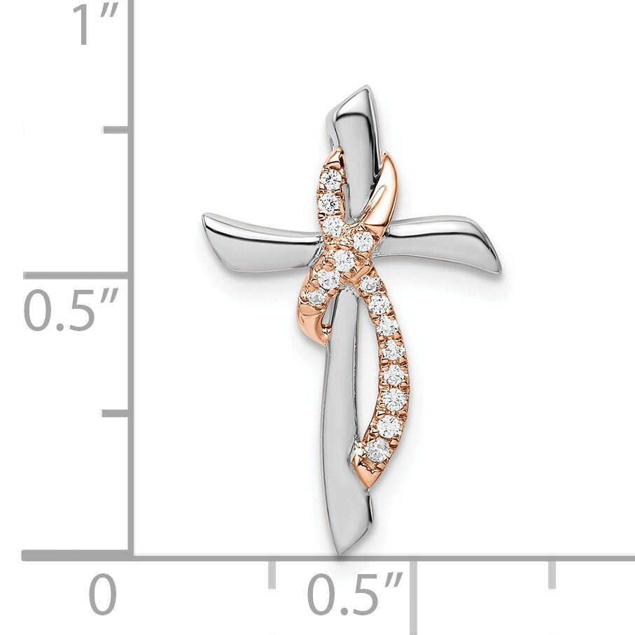 14k Two-tone White & Rose Cross w/Ribbon Diamond Chain Slide-PM8483-008-WRA