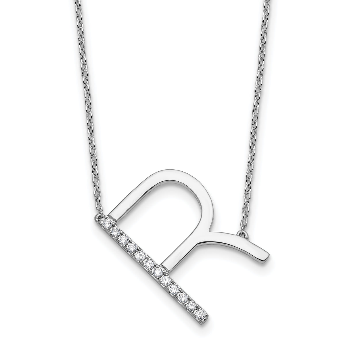 14K White Gold Sideways Diamond Initial R Necklace-PM9844R-014-WA
