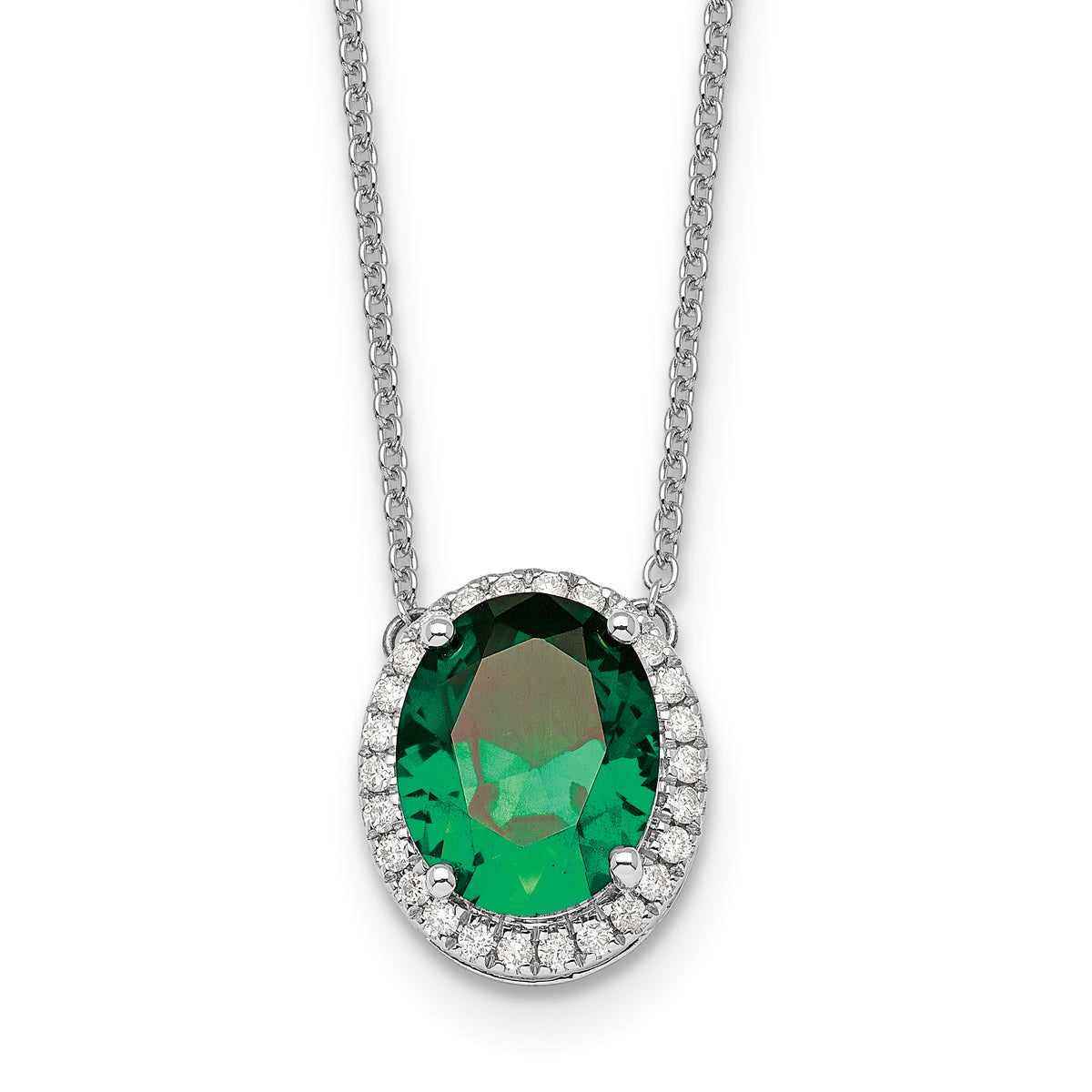 14k White Gold Oval Created Emerald/Diamond 18in. Halo Necklace-PM9949-EM-016-WA