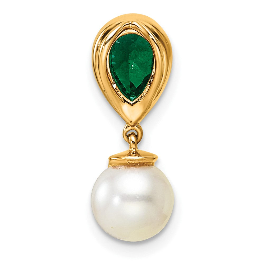 14K Polished Diamond Pearl and Emerald Teardrop Chain Slide-PM9982-EM-010-YAA