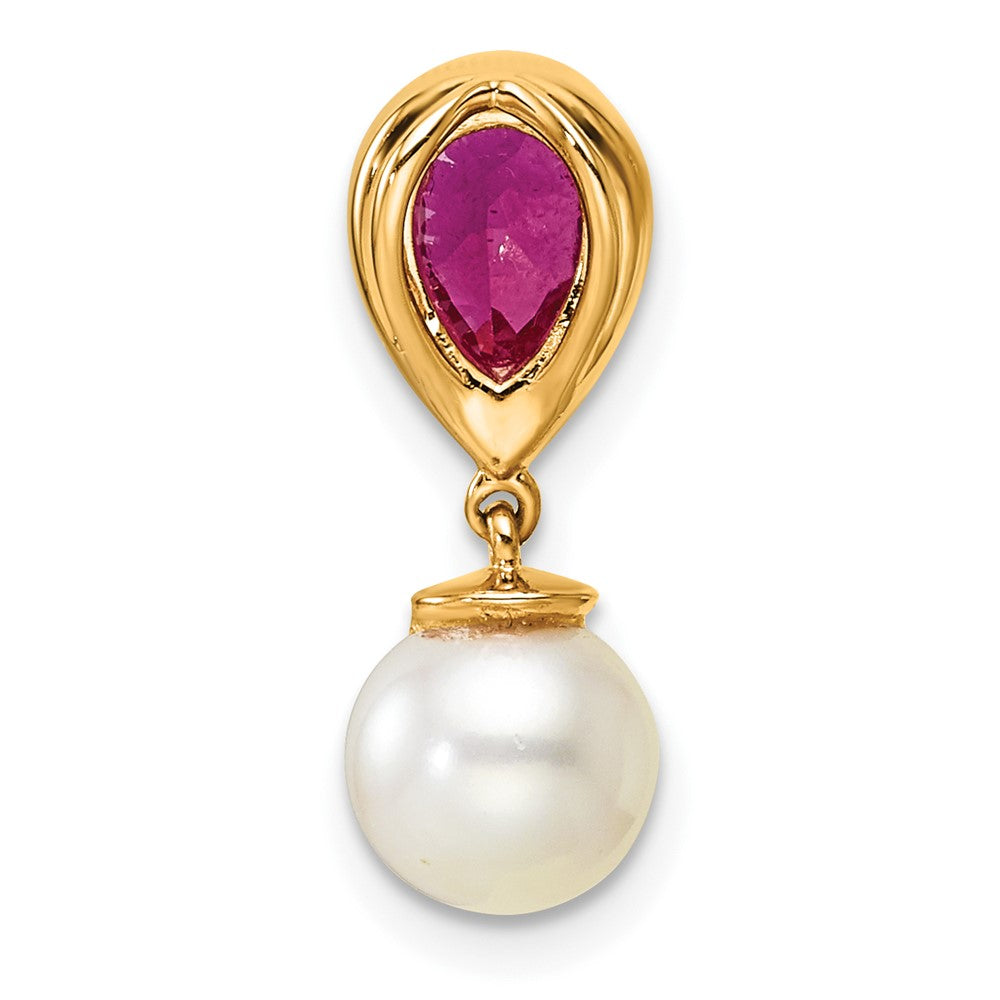 14K Polished Diamond Pearl and Ruby Teardrop Chain Slide-PM9982-RU-010-YAA