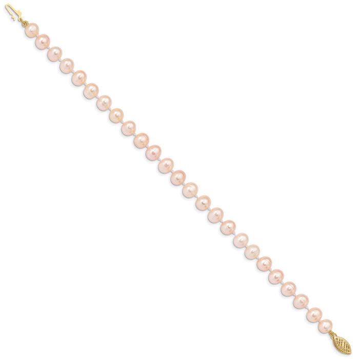 14k 6-7mm Pink Near Round Freshwater Cultured Pearl Bracelet-PPN060-7.5