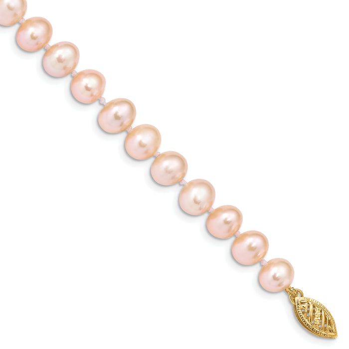 14k 7-8mm Pink Near Round Freshwater Cultured Pearl Bracelet-PPN070-7.5
