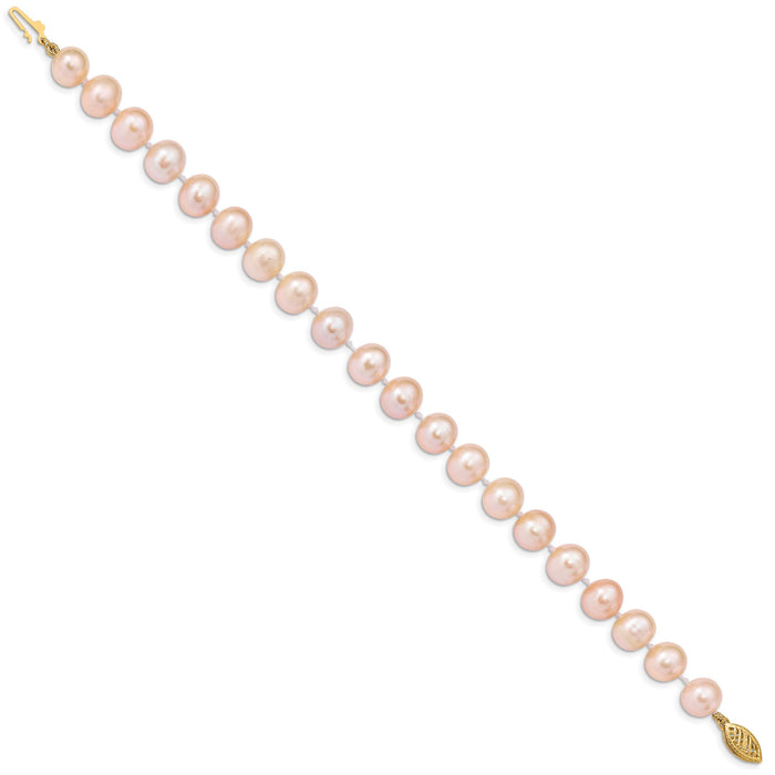 14k 8-9mm Pink Near Round Freshwater Cultured Pearl Bracelet-PPN080-7.5