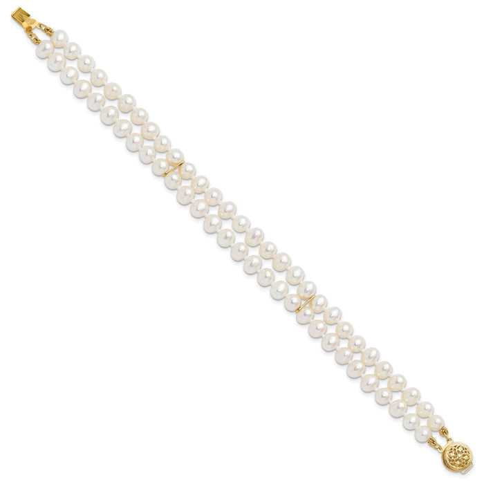 14k 5-6mm White Near Round FW Cultured Pearl 2-strand Bracelet-PR13-7.5