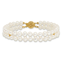 14k 5-6mm White Near Round FW Cultured Pearl 2-strand Bracelet-PR13-7.5