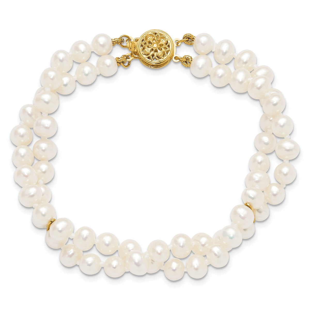14k 5-6mm White Near Round FW Cultured Pearl 2-strand Bracelet-PR13-7.5