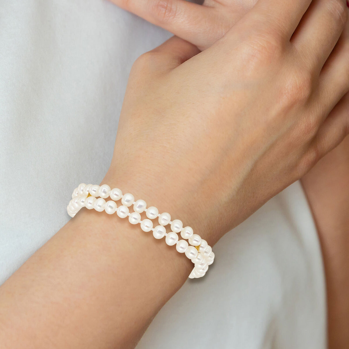 14k 5-6mm White Near Round FW Cultured Pearl 2-strand Bracelet-PR13-7.5