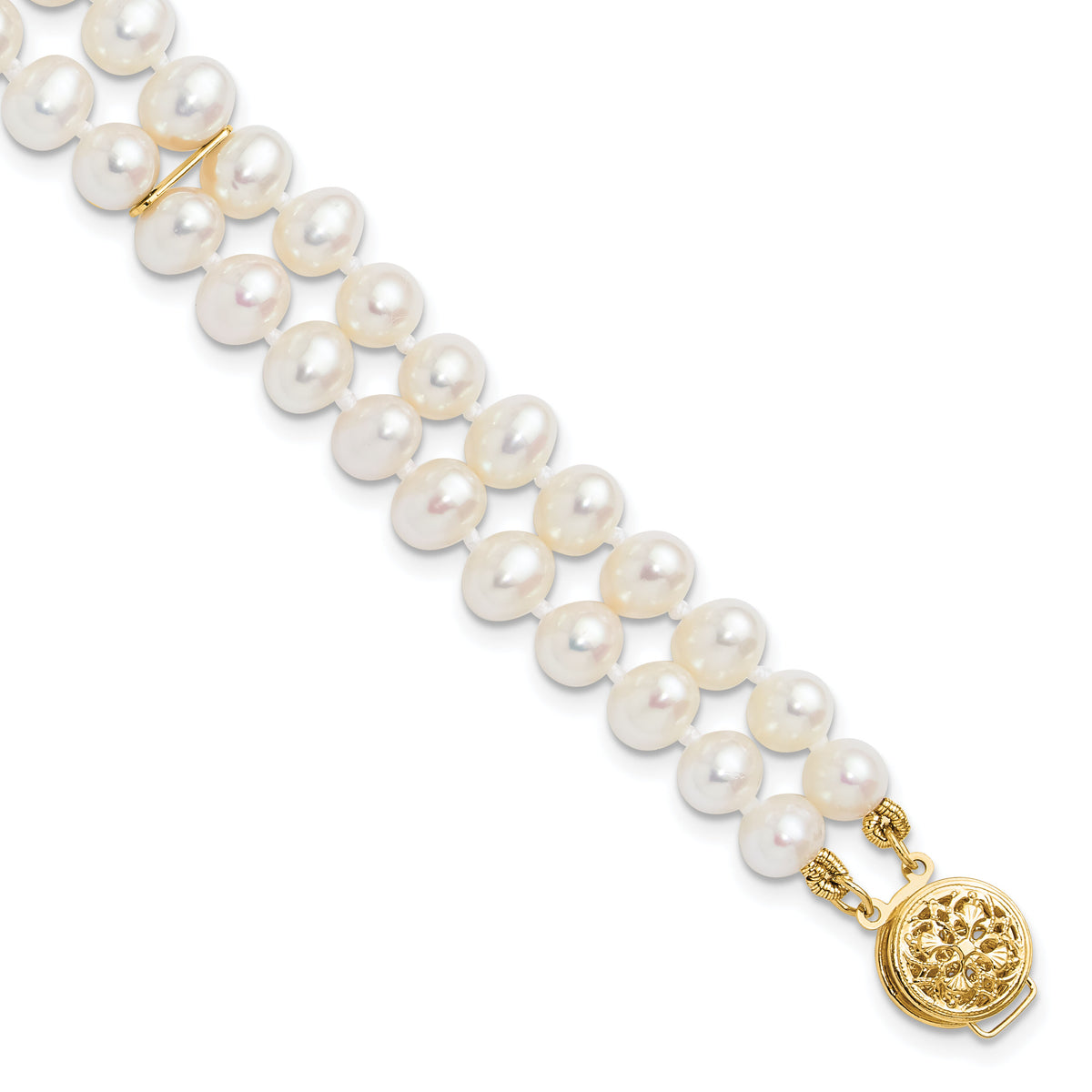 14k 5-6mm White Near Round FW Cultured Pearl 2-strand Bracelet-PR13-7.5