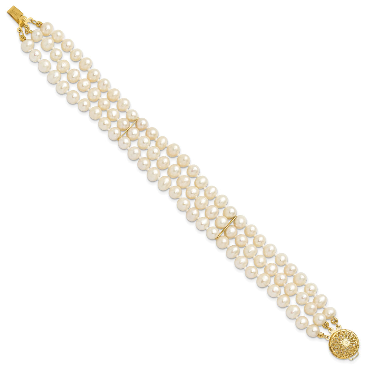 14k 5-6mm White Near Round FW Cultured Pearl 3-strand Bracelet-PR14-7.5