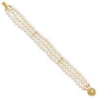14k 5-6mm White Near Round FW Cultured Pearl 3-strand Bracelet-PR14-7.5
