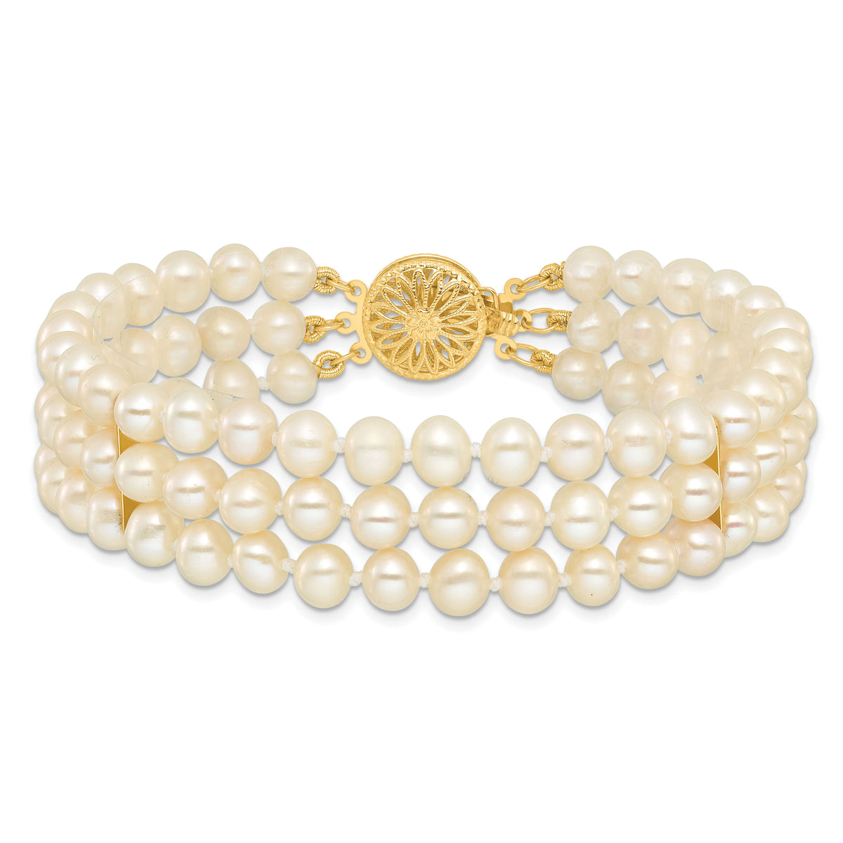 14k 5-6mm White Near Round FW Cultured Pearl 3-strand Bracelet-PR14-7.5