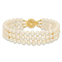 14k 5-6mm White Near Round FW Cultured Pearl 3-strand Bracelet-PR14-7.5