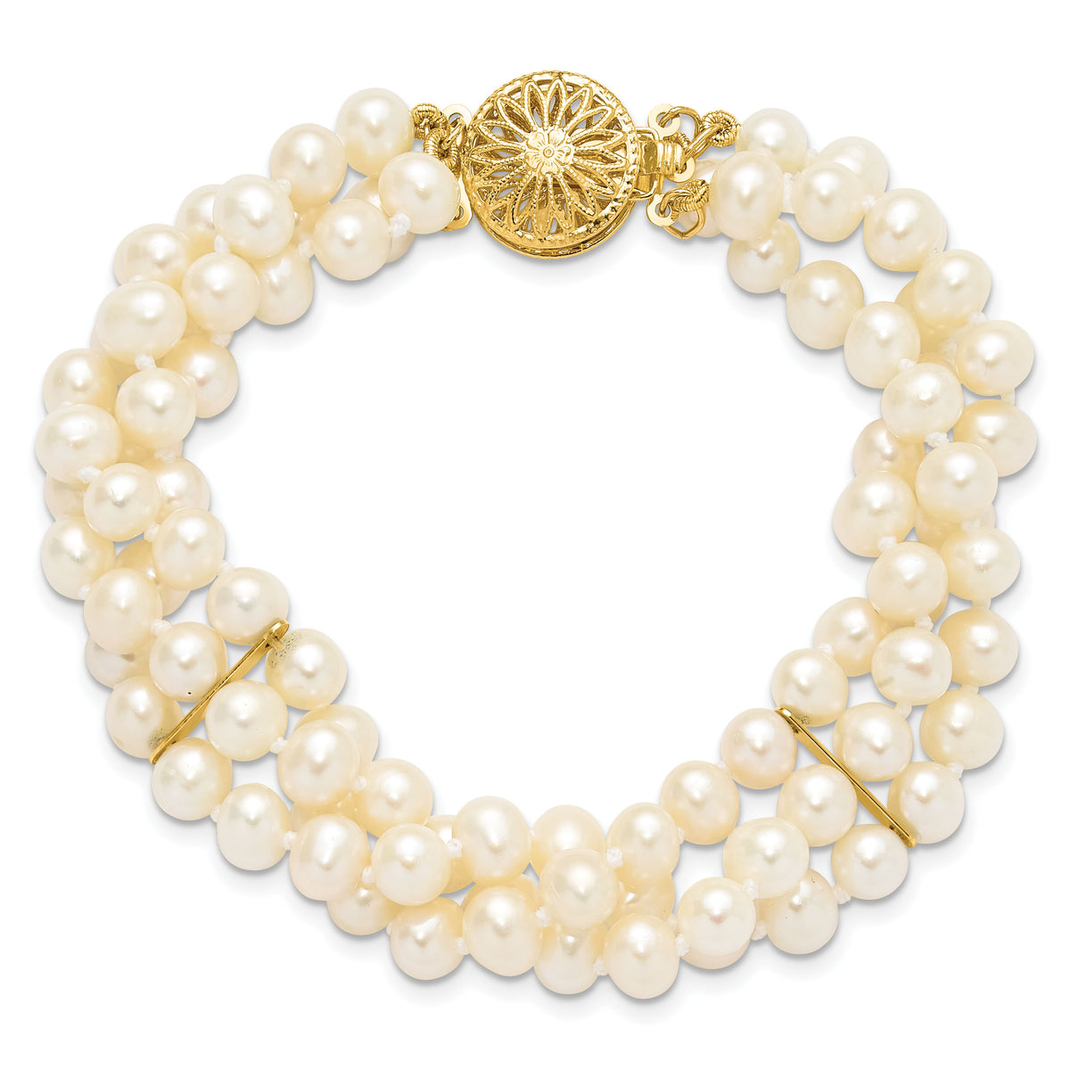 14k 5-6mm White Near Round FW Cultured Pearl 3-strand Bracelet-PR14-7.5