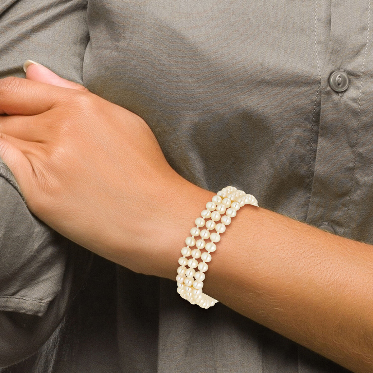 14k 5-6mm White Near Round FW Cultured Pearl 3-strand Bracelet-PR14-7.5